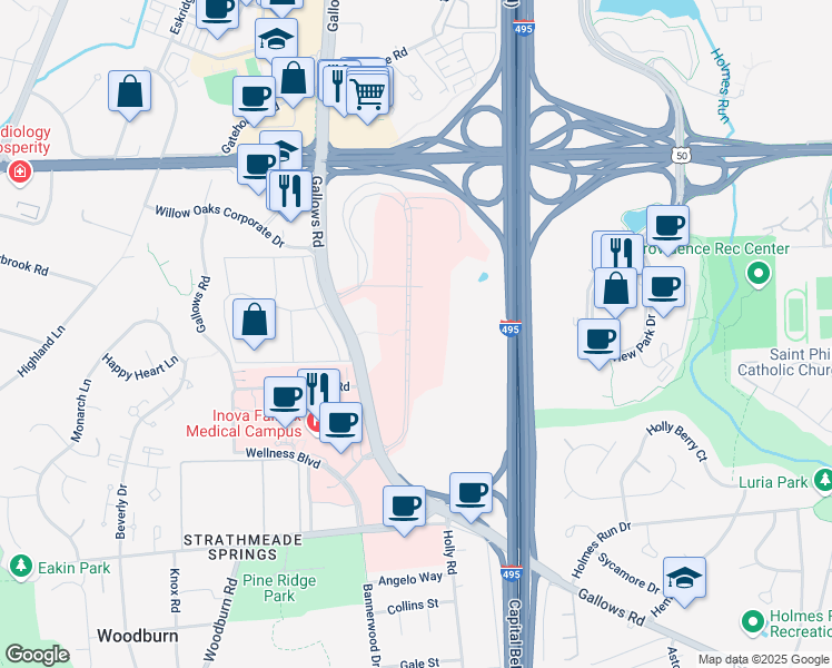 map of restaurants, bars, coffee shops, grocery stores, and more near 3225 Gallows Road in Falls Church
