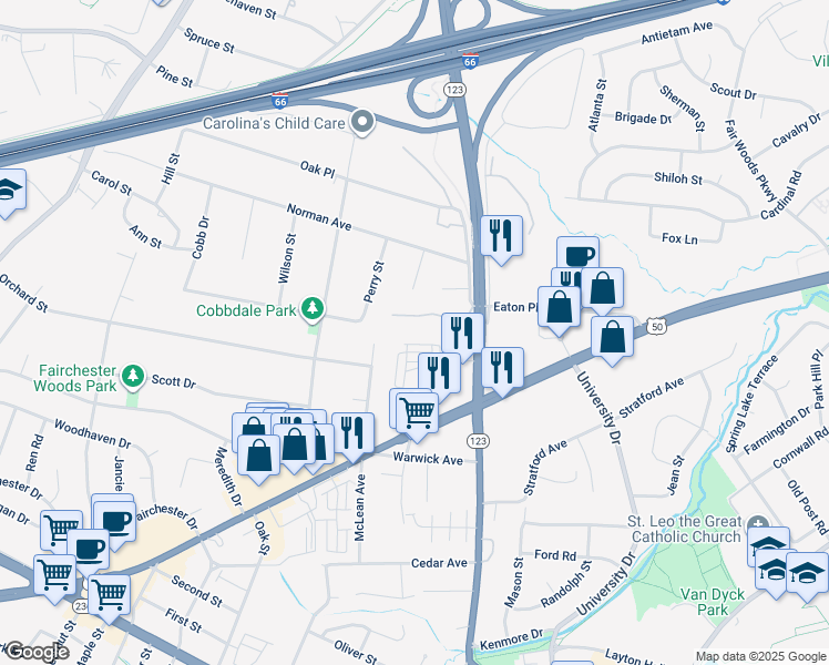 map of restaurants, bars, coffee shops, grocery stores, and more near 10567 Assembly Drive in Fairfax