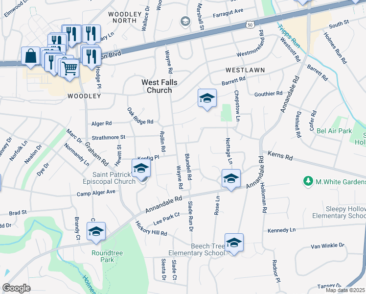map of restaurants, bars, coffee shops, grocery stores, and more near 3216 Blundell Road in Falls Church