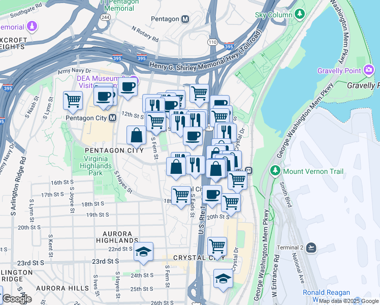 map of restaurants, bars, coffee shops, grocery stores, and more near 1425 South Eads Street in Arlington