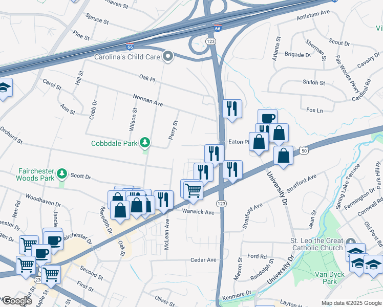 map of restaurants, bars, coffee shops, grocery stores, and more near 10569 Assembly Drive in Fairfax