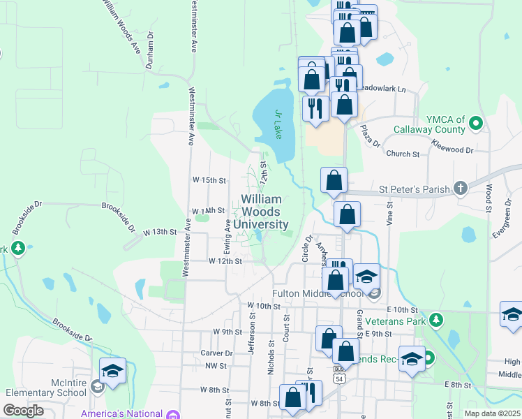map of restaurants, bars, coffee shops, grocery stores, and more near 1 University Avenue in Fulton