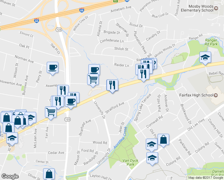 map of restaurants, bars, coffee shops, grocery stores, and more near Fairfax Blvd & Eaton Pl in Fairfax