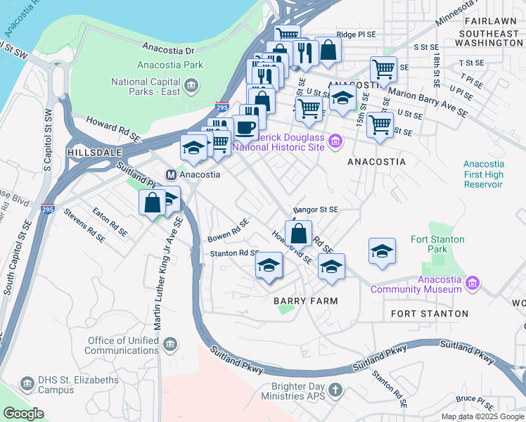 map of restaurants, bars, coffee shops, grocery stores, and more near 1344 Dexter Terrace Southeast in Washington