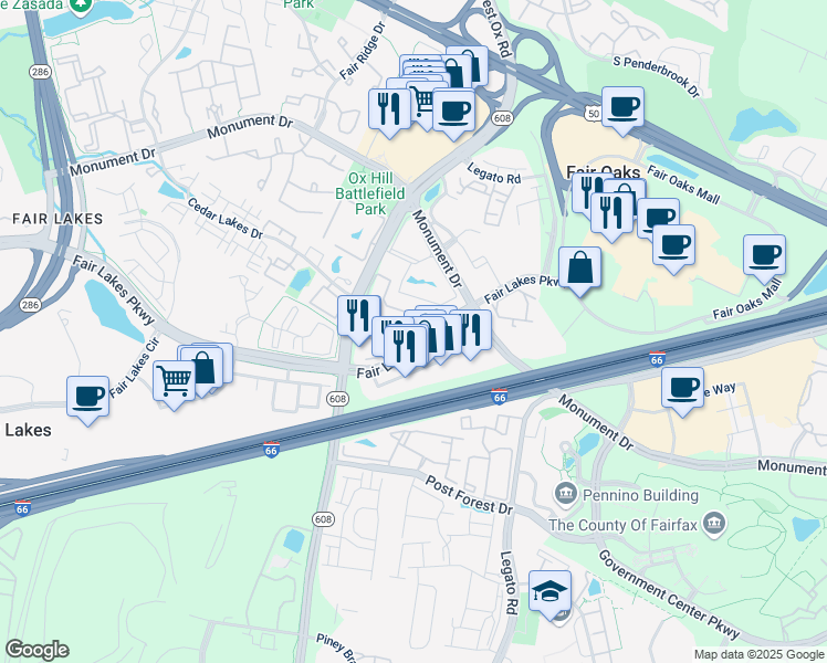 map of restaurants, bars, coffee shops, grocery stores, and more near 12249 Pender Creek Circle in Fairfax