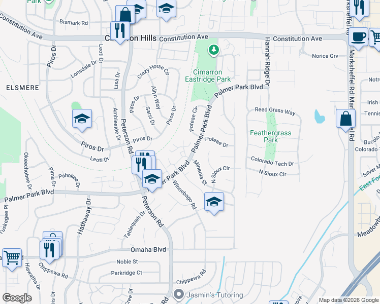 map of restaurants, bars, coffee shops, grocery stores, and more near 1961 Mineola Court in Colorado Springs