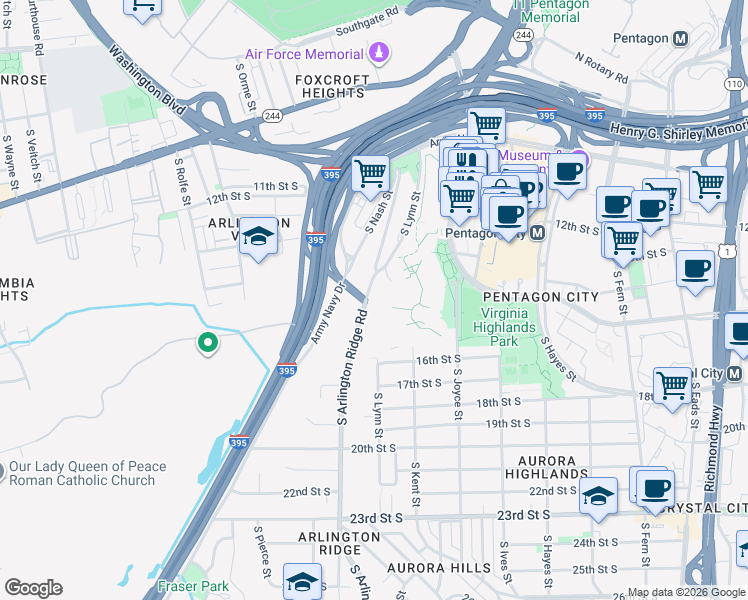 map of restaurants, bars, coffee shops, grocery stores, and more near 1525 South Arlington Ridge Road in Arlington