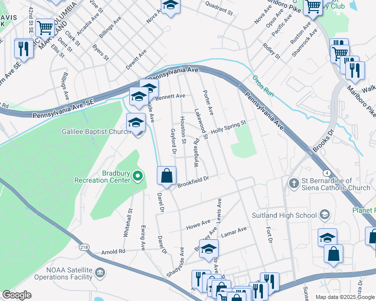map of restaurants, bars, coffee shops, grocery stores, and more near 2226 Houston Street in Hillcrest Heights