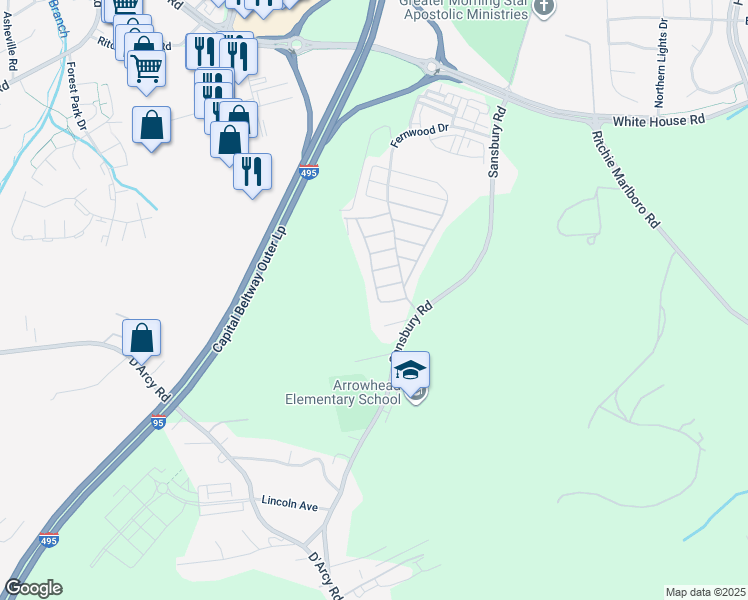 map of restaurants, bars, coffee shops, grocery stores, and more near 2109 Elmwood Park Drive in Capitol Heights