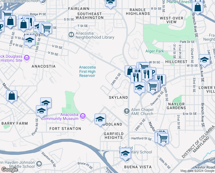 map of restaurants, bars, coffee shops, grocery stores, and more near 2351 Skyland Terrace Southeast in Washington