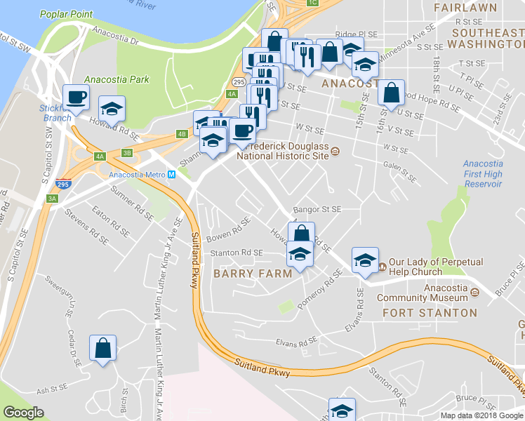 map of restaurants, bars, coffee shops, grocery stores, and more near 1344 Dexter Terrace Southeast in Washington