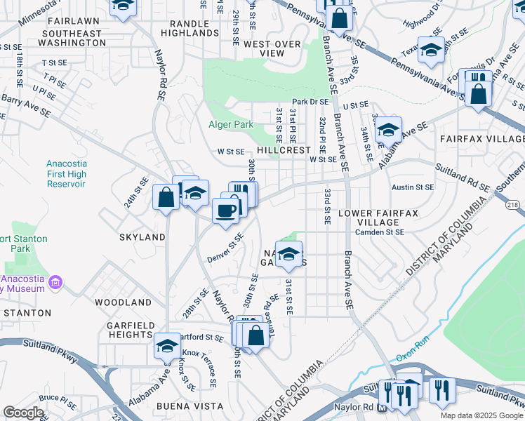 map of restaurants, bars, coffee shops, grocery stores, and more near 3001 Alabama Avenue Southeast in Washington