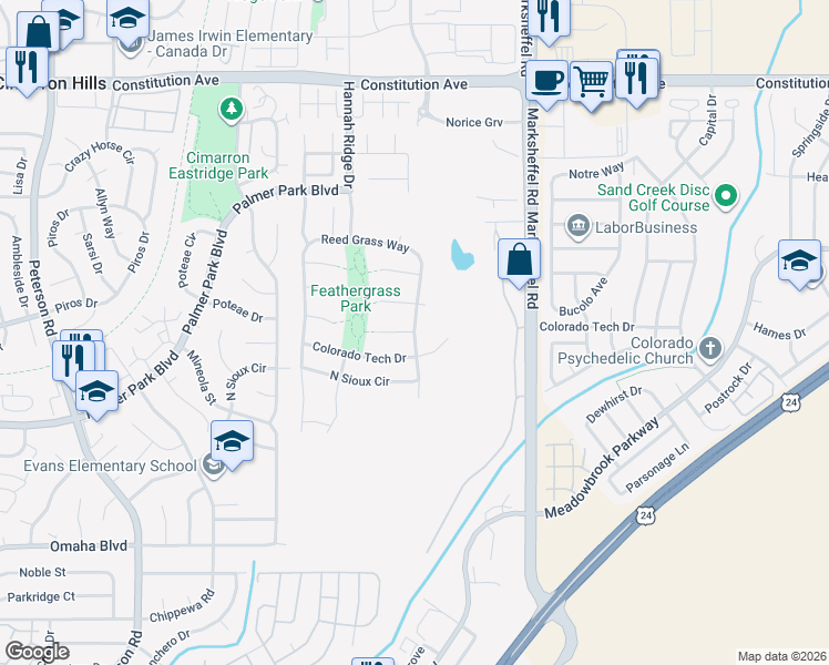 map of restaurants, bars, coffee shops, grocery stores, and more near Short Grass Court in Colorado Springs