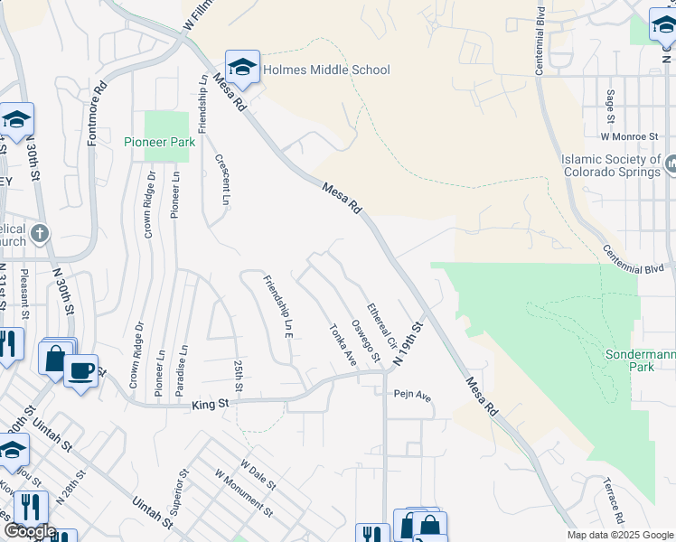 map of restaurants, bars, coffee shops, grocery stores, and more near 1298 Ethereal Circle in Colorado Springs