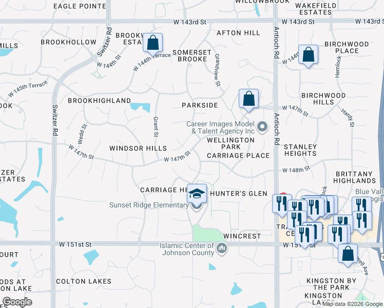 map of restaurants, bars, coffee shops, grocery stores, and more near 14702 England Street in Overland Park