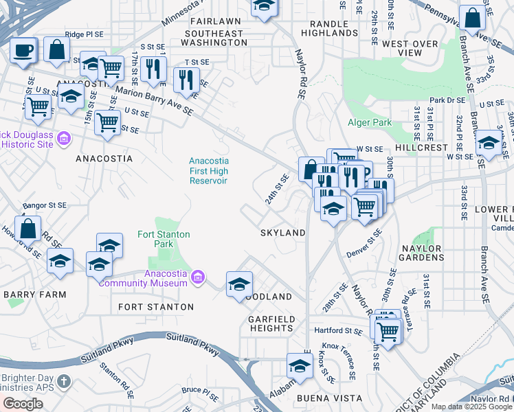 map of restaurants, bars, coffee shops, grocery stores, and more near 2351 Skyland Terrace Southeast in Washington