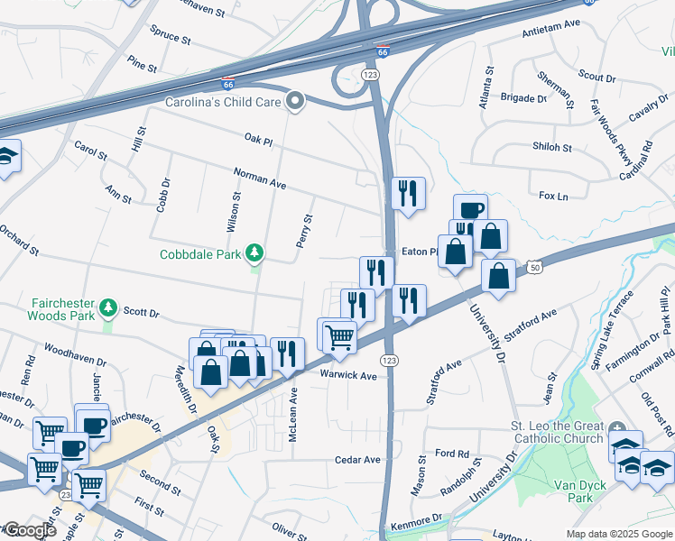 map of restaurants, bars, coffee shops, grocery stores, and more near 10567 Assembly Drive in Fairfax