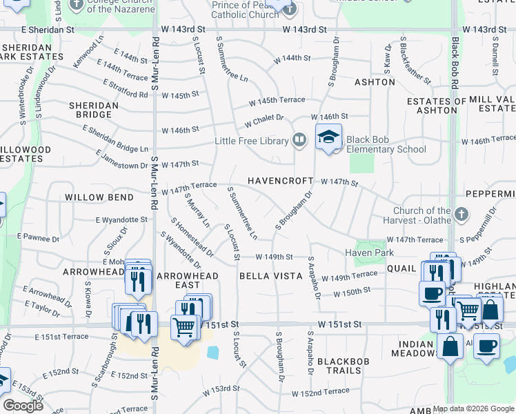 map of restaurants, bars, coffee shops, grocery stores, and more near 16113 West 147th Terrace in Olathe