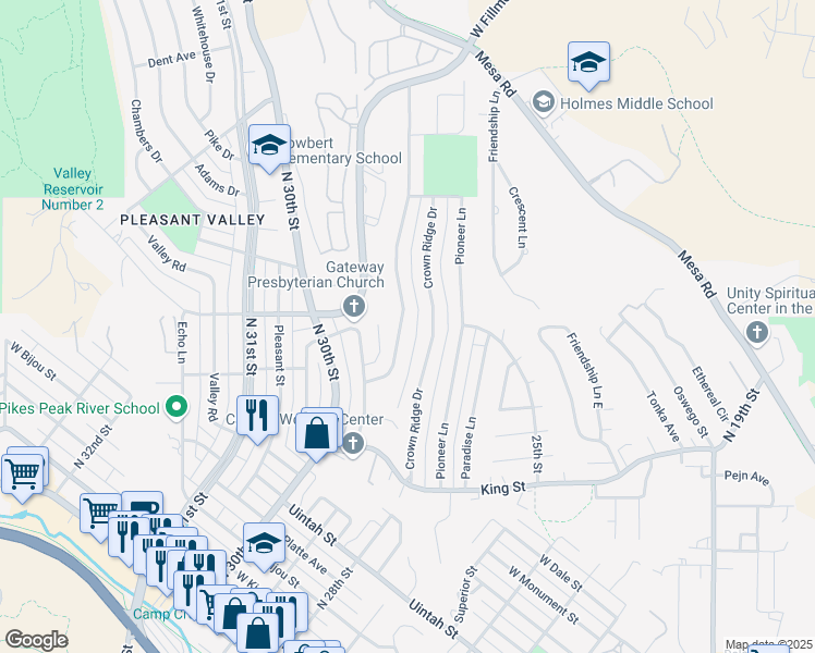 map of restaurants, bars, coffee shops, grocery stores, and more near 741 Panorama Drive in Colorado Springs