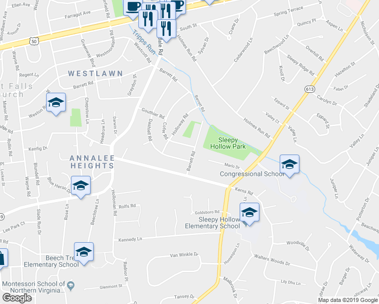 map of restaurants, bars, coffee shops, grocery stores, and more near 6613 Barrett Road in Falls Church