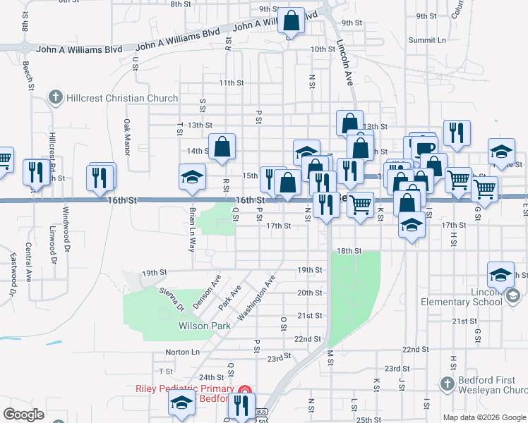map of restaurants, bars, coffee shops, grocery stores, and more near 1612 P Street in Bedford
