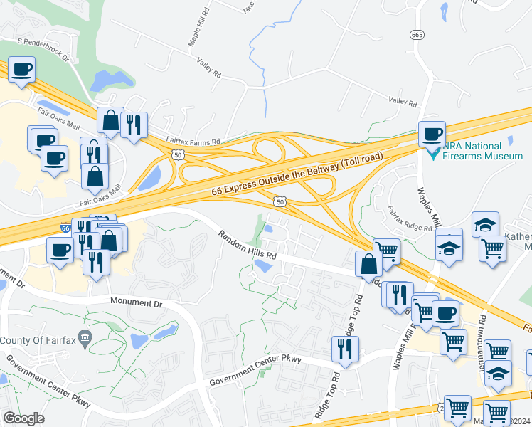 map of restaurants, bars, coffee shops, grocery stores, and more near 4028 Shaughnessy Ct in Fairfax