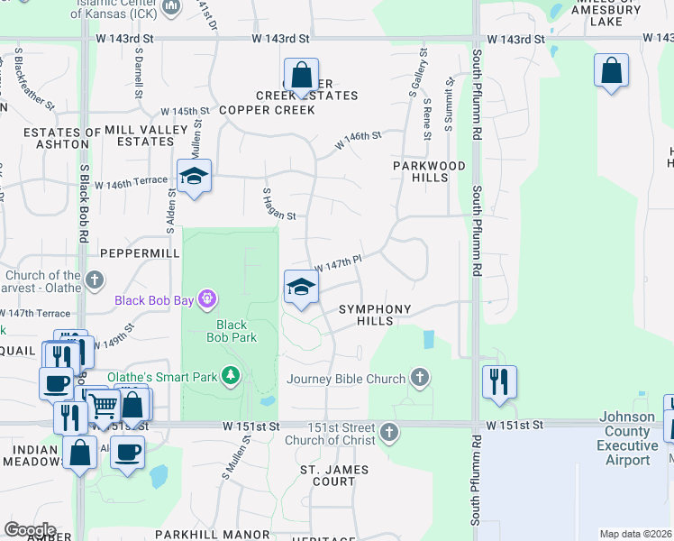 map of restaurants, bars, coffee shops, grocery stores, and more near 14067 West 147th Place in Olathe