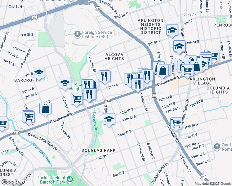 map of restaurants, bars, coffee shops, grocery stores, and more near 3853 9th Road South in Arlington