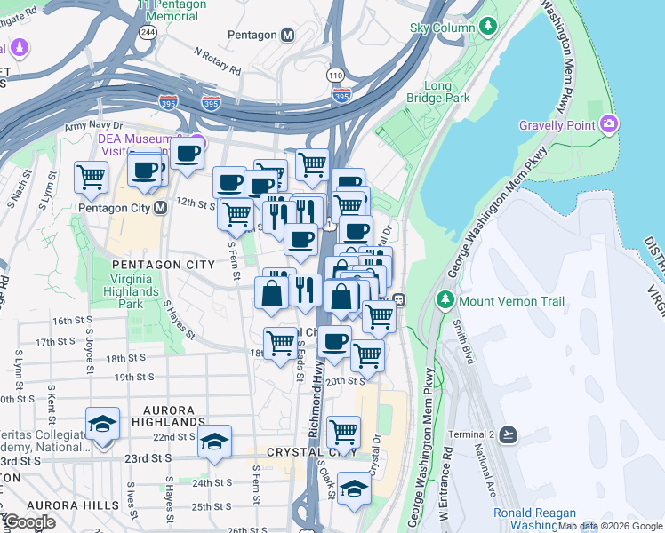 map of restaurants, bars, coffee shops, grocery stores, and more near 1221 South Eads Street in Arlington