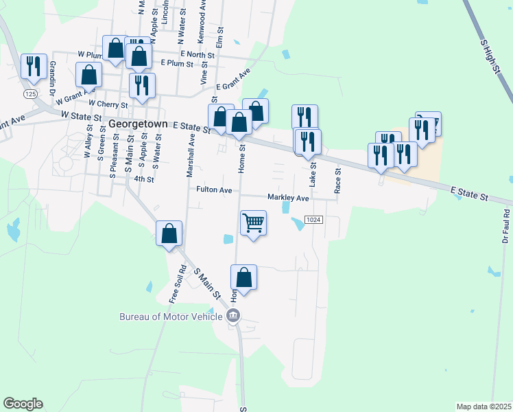 map of restaurants, bars, coffee shops, grocery stores, and more near 604 Markley Avenue in Georgetown