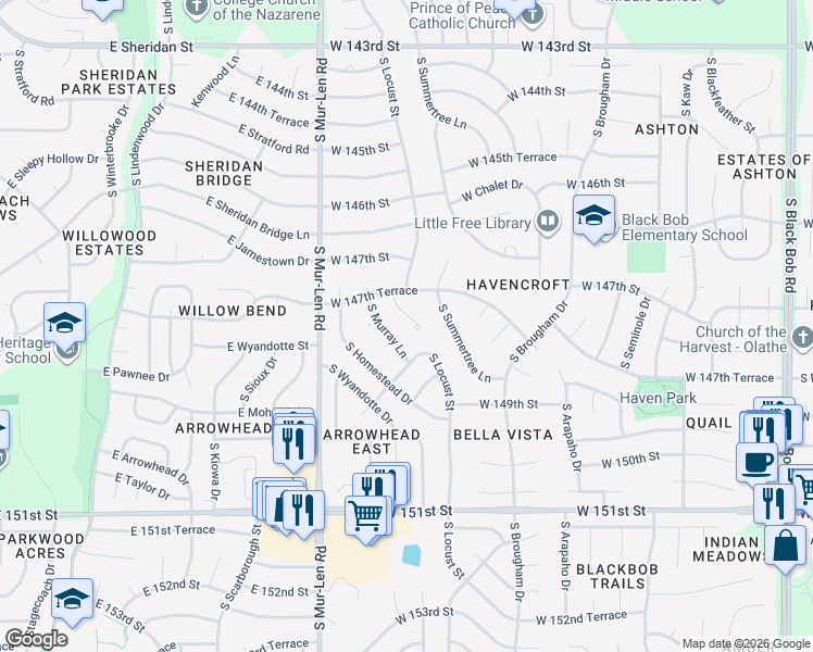 map of restaurants, bars, coffee shops, grocery stores, and more near 14730 South Locust Street in Olathe
