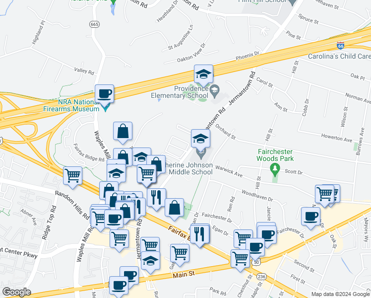 map of restaurants, bars, coffee shops, grocery stores, and more near 11100 Rock Garden Drive in Fairfax