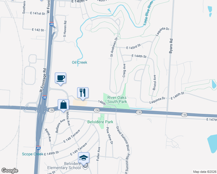 map of restaurants, bars, coffee shops, grocery stores, and more near 14604 Saint Andrews Drive in Grandview