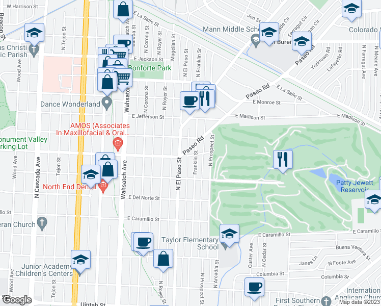map of restaurants, bars, coffee shops, grocery stores, and more near 716 East Fontanero Street in Colorado Springs