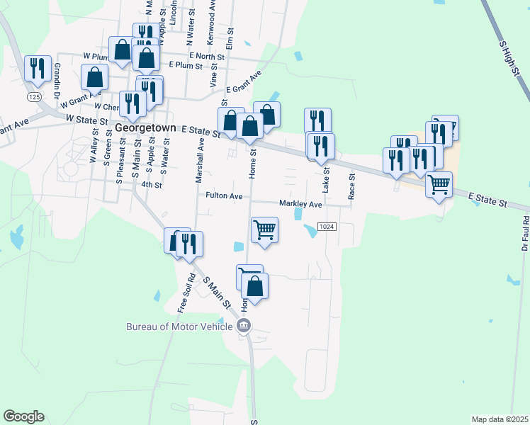 map of restaurants, bars, coffee shops, grocery stores, and more near 604 Markley Avenue in Georgetown