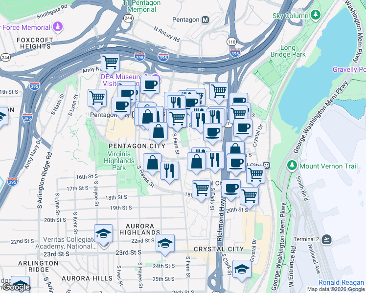 map of restaurants, bars, coffee shops, grocery stores, and more near 550 14th Road South in Arlington
