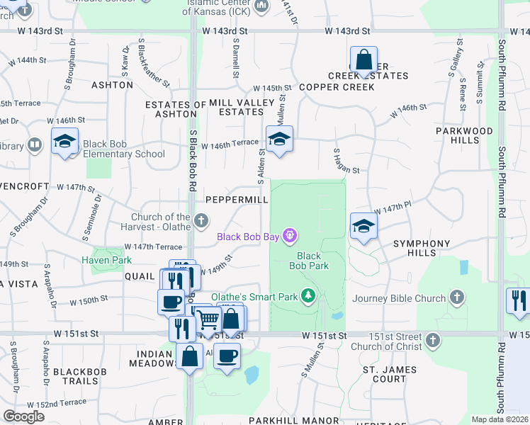 map of restaurants, bars, coffee shops, grocery stores, and more near 14783 South Alden Street in Olathe