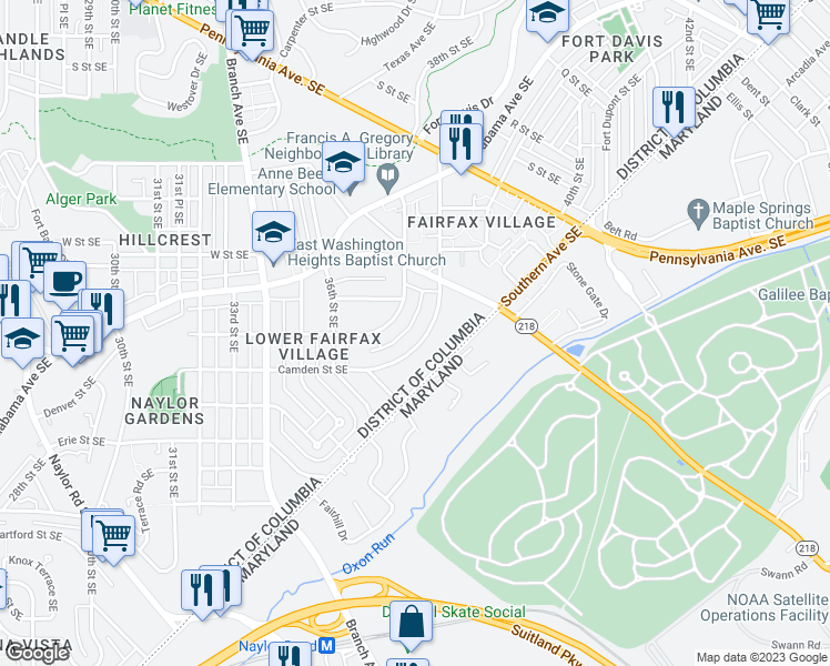 map of restaurants, bars, coffee shops, grocery stores, and more near 3706 Camden Street Southeast in Washington