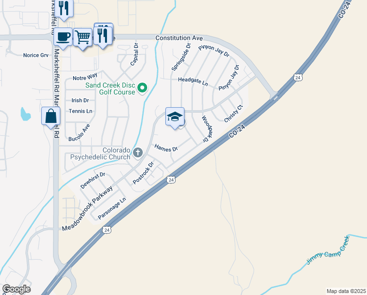 map of restaurants, bars, coffee shops, grocery stores, and more near 8357 Hames Drive in Colorado Springs