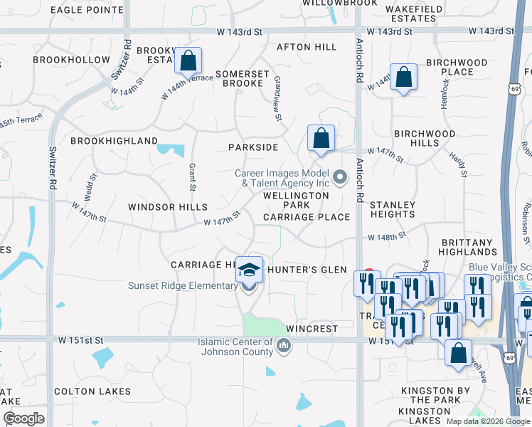 map of restaurants, bars, coffee shops, grocery stores, and more near 14712 Grandview Street in Overland Park