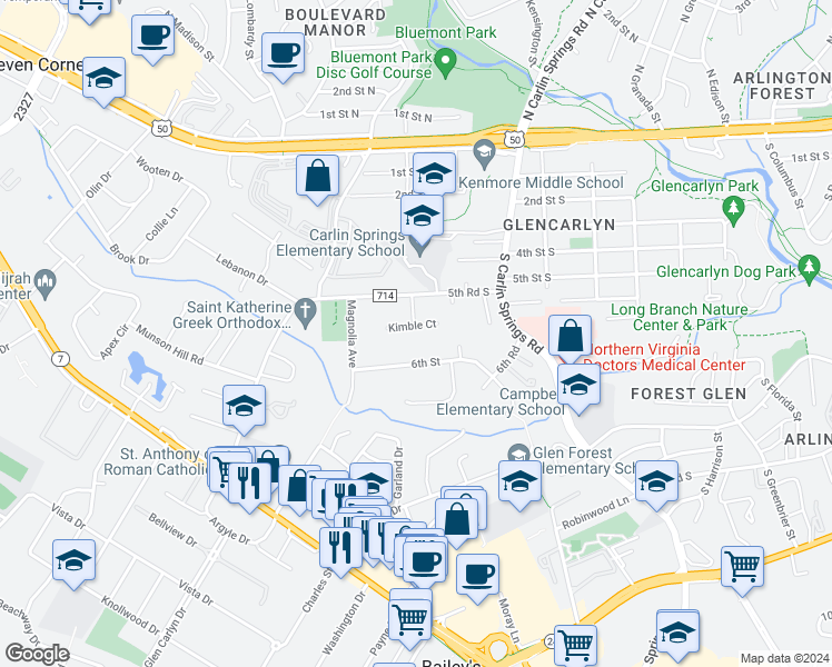 map of restaurants, bars, coffee shops, grocery stores, and more near 5929 Kimble Court in Falls Church