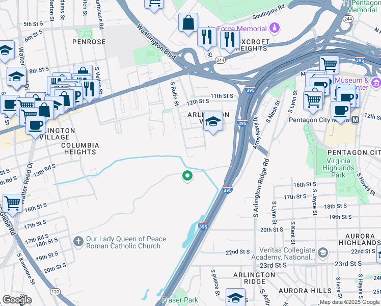 map of restaurants, bars, coffee shops, grocery stores, and more near 1420 South Rolfe Street in Arlington