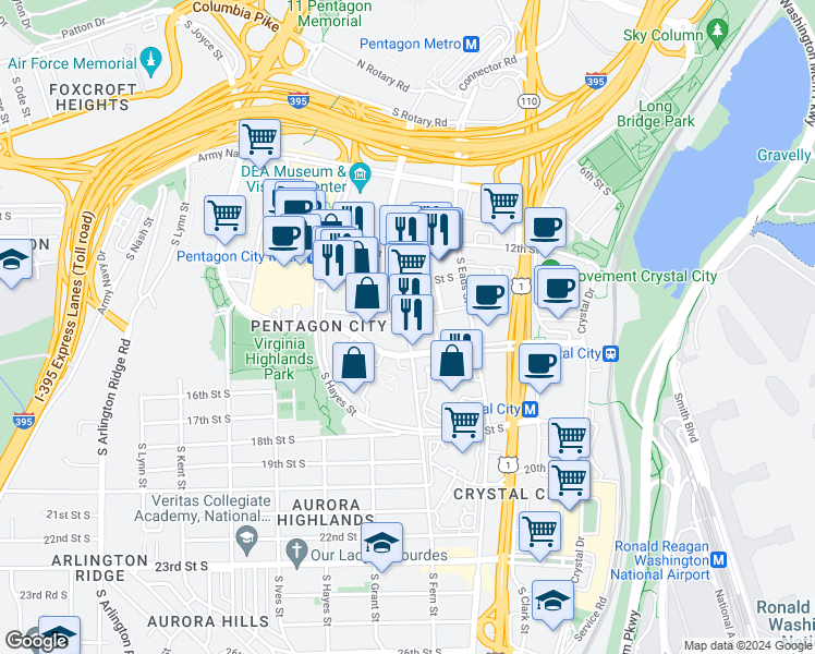 map of restaurants, bars, coffee shops, grocery stores, and more near 1408 South Fern Street in Arlington