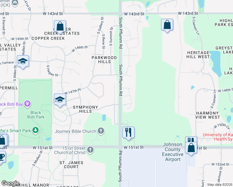 map of restaurants, bars, coffee shops, grocery stores, and more near 14875 South Summit Street in Olathe
