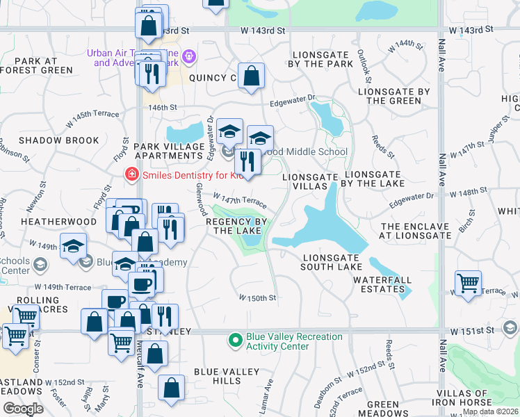 map of restaurants, bars, coffee shops, grocery stores, and more near 6403 W 147th Terrace in Overland Park