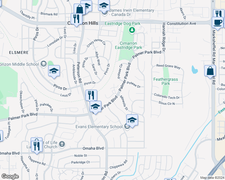 map of restaurants, bars, coffee shops, grocery stores, and more near 1966 Mineola Court in Colorado Springs