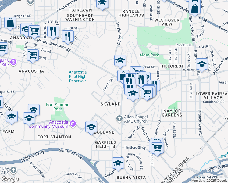 map of restaurants, bars, coffee shops, grocery stores, and more near 2348 Skyland Place Southeast in Washington