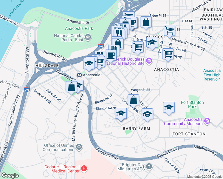 map of restaurants, bars, coffee shops, grocery stores, and more near 1354 Talbert Terrace Southeast in Washington