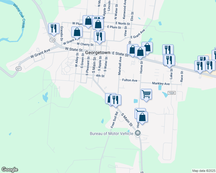 map of restaurants, bars, coffee shops, grocery stores, and more near 679 South Main Street in Georgetown
