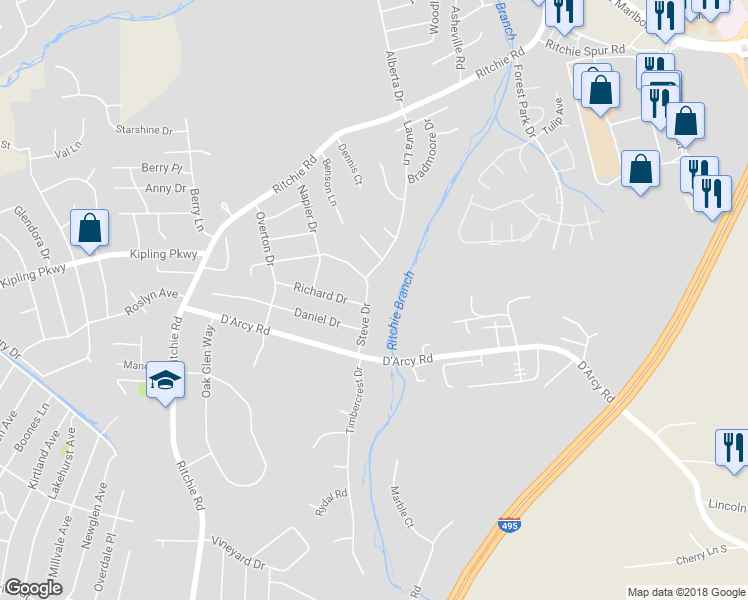 map of restaurants, bars, coffee shops, grocery stores, and more near 8206 Steve Drive in District Heights